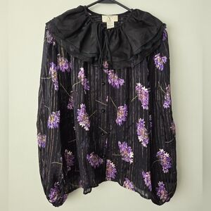 Vintage Valentino Studio By Jack Mulqueen 100% Silk Floral Ruffle Blouse